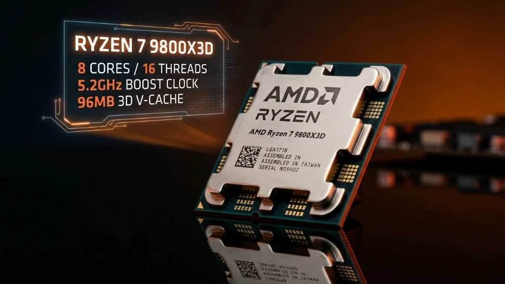 AMD Ryzen 7 9800X3D processor with visible gold pins and specifications overlay showing 8 cores 16 threads and 96MB cache