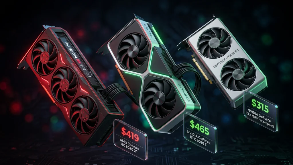 Three gaming graphics cards comparison featuring AMD RX 9060 XT, NVIDIA RTX 5060 Ti, and RTX 5060 with pricing overlays