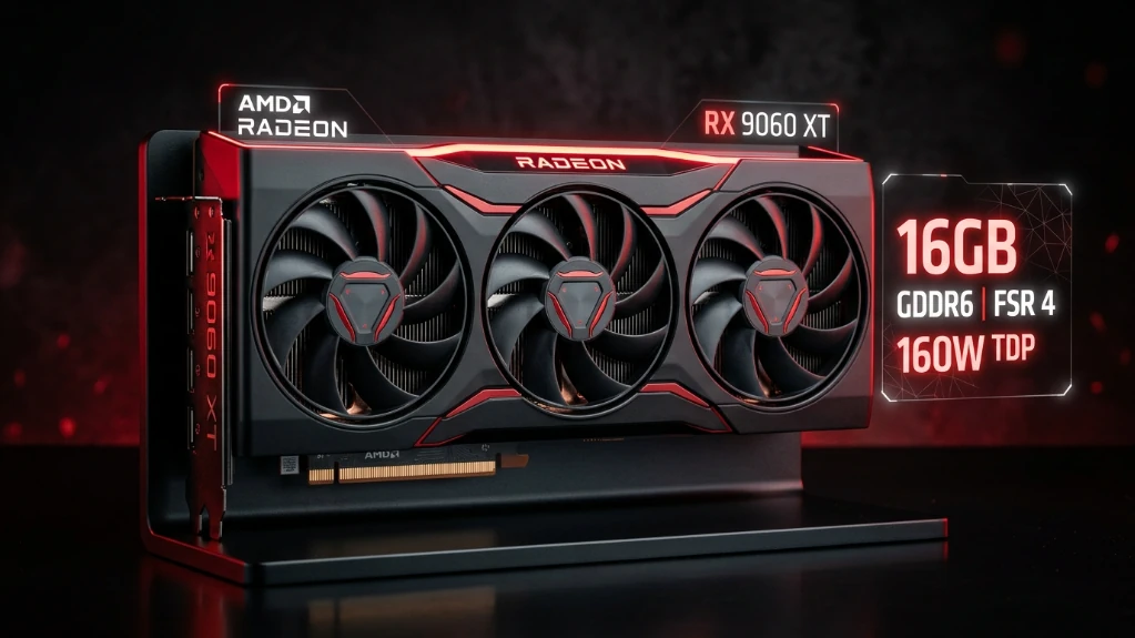 AMD Radeon RX 9060 XT 16GB graphics card with triple-fan cooling and red RGB lighting accents