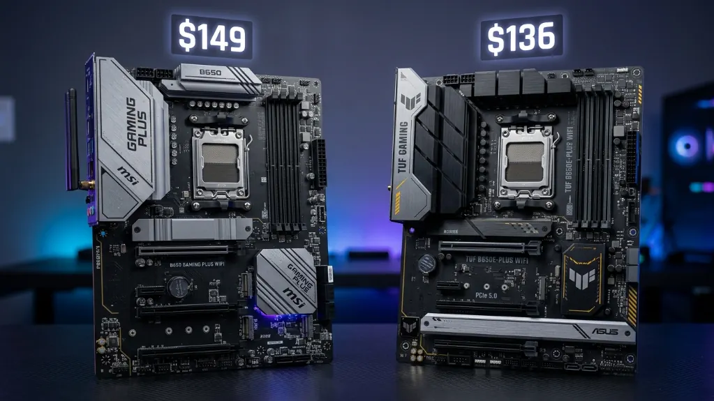MSI B650 Gaming Plus WiFi and ASUS TUF B650E-Plus WiFi motherboards side-by-side comparison with AM5 socket visible