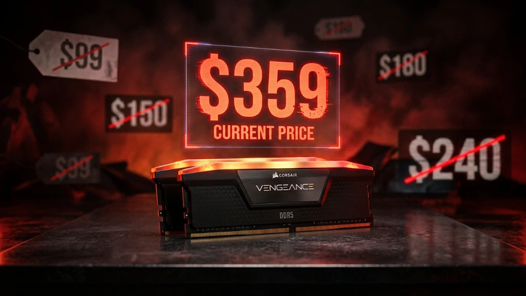 Corsair Vengeance DDR5 32GB RAM kit with $359 price tag and crossed-out historical lower prices in background