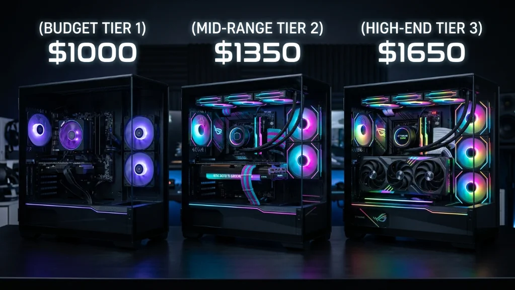 Three RGB gaming PC builds showing budget tiers at $1000, $1350, and $1650 with visible component differences through tempered glass