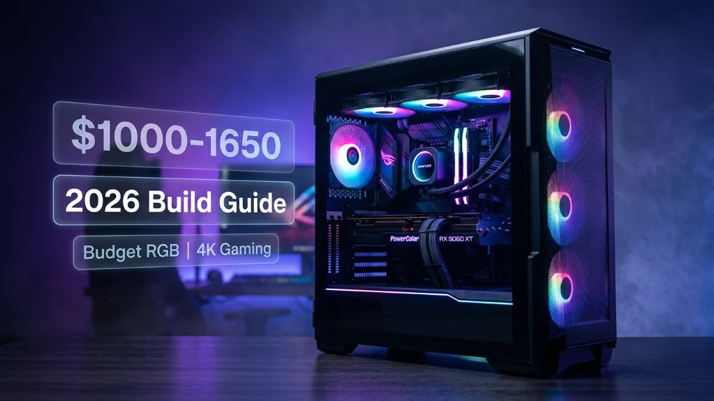 RGB gaming PC build in Phanteks case with synchronized rainbow lighting showing AMD Ryzen components, graphics card, and RGB fans through tempered glass panel