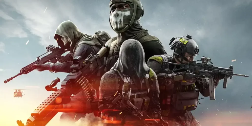 Battlefield 6 Season 3 armed soldiers in tactical gear holding assault rifles and machine guns against dramatic sky backdrop