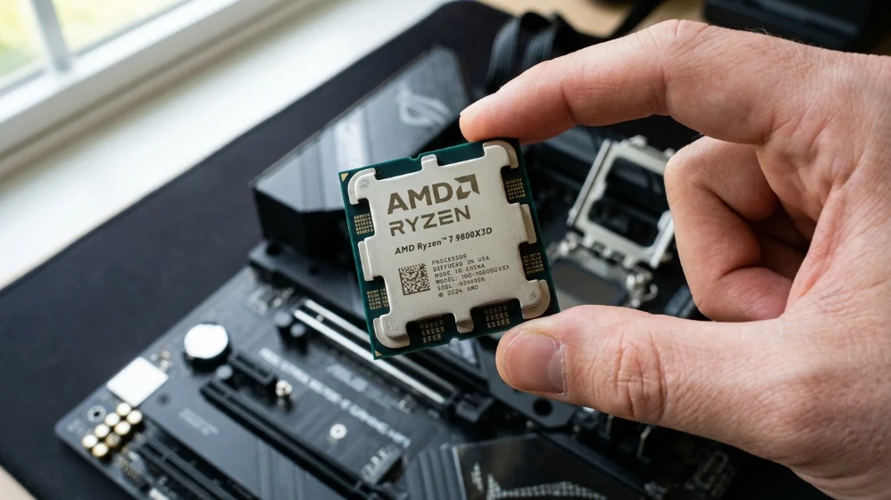 AMD Ryzen 7 9800X3D processor held above AM5 motherboard socket showing IHS with laser-etched model name and AMD logo
