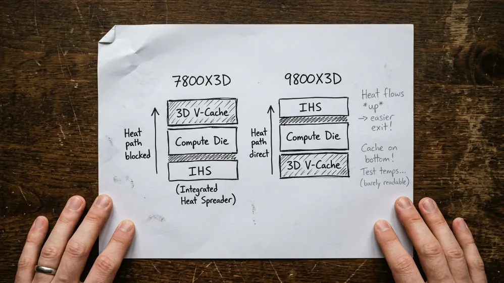 Hand-drawn diagram comparing 7800X3D and 9800X3D 3D V-Cache placement showing cache moved from top to bottom of compute die