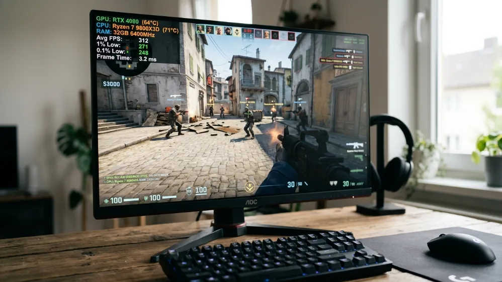 Gaming monitor displaying competitive FPS game with MSI Afterburner overlay showing Ryzen 7 9800X3D average 312 FPS and 1% low 271 FPS
