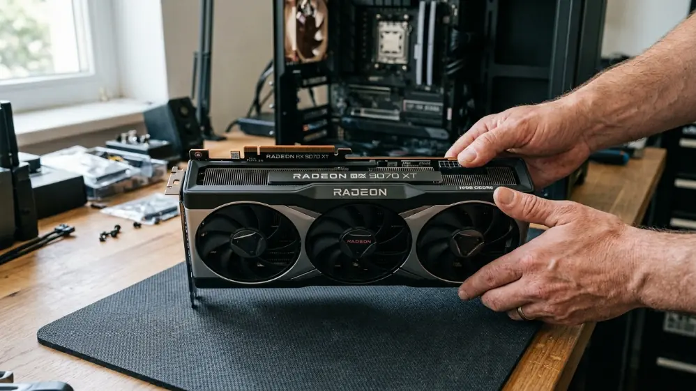 AMD Radeon RX 9070 XT 16GB GDDR6 graphics card held over PC building workspace showing triple-fan cooling shroud and Radeon branding