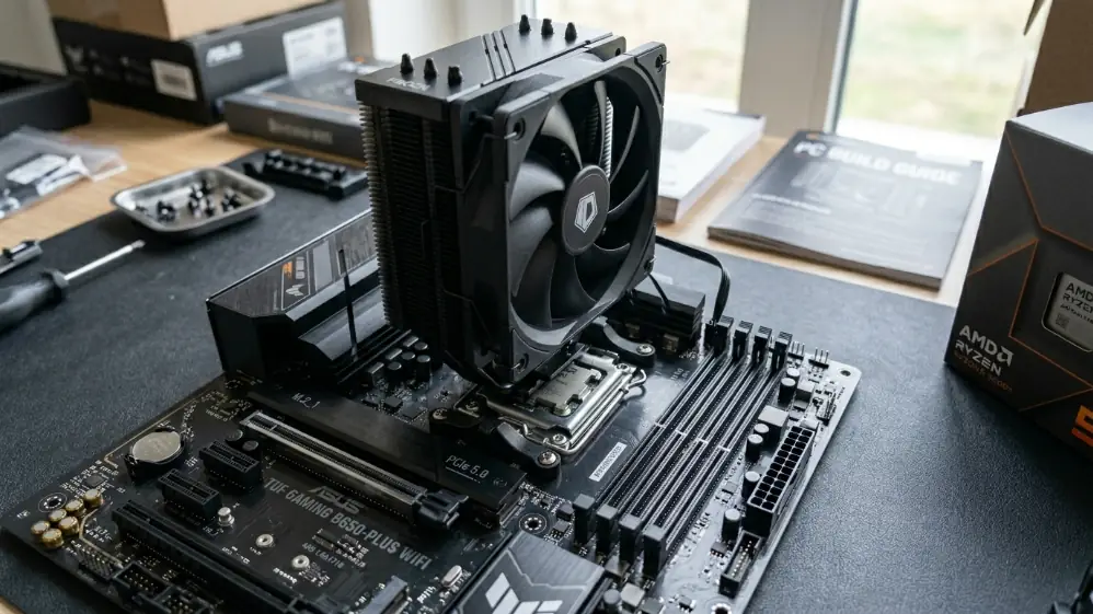 AMD Ryzen 5 9600X installed on B650 AM5 motherboard with air cooler mounted showing PC build in progress
