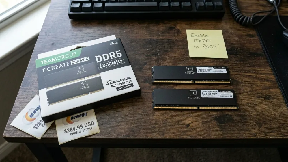 DDR5-6000 32GB CL30 RAM kit box and two memory sticks on desk with handwritten EXPO BIOS reminder note