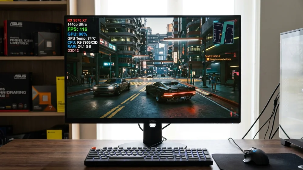 1440p gaming monitor showing RX 9070 XT performance overlay with 116 FPS at 98% GPU utilization in demanding AAA open-world game
