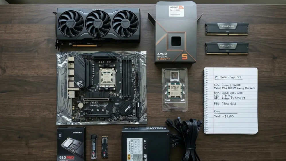 Flat-lay of RX 9070 XT PC build components including GPU, Ryzen 5 9600X, B650 motherboard, DDR5 RAM, NVMe SSD and handwritten parts list totaling $1600