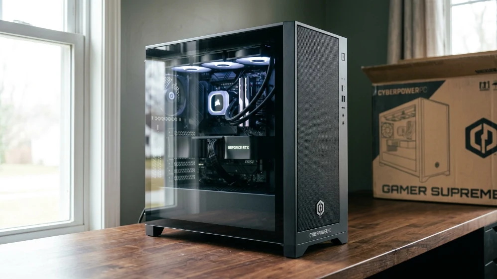 CyberPowerPC Gamer Supreme gaming desktop PC on dark wooden desk showing tempered glass side panel with interior RGB components visible