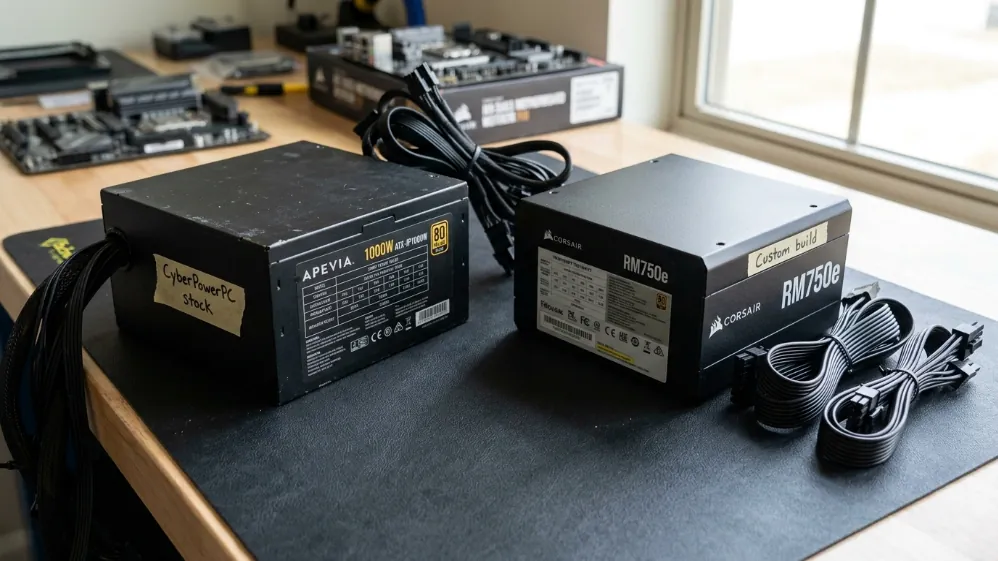 Apevia 1000W Gold PSU from CyberPowerPC prebuilt compared to Corsair 750W Gold PSU from custom build on anti-static mat