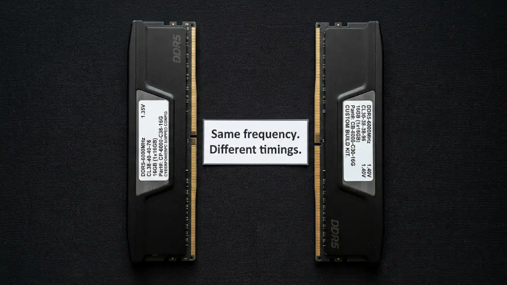 Two DDR5-6000 RAM sticks side by side showing CL38 timing from CyberPowerPC versus CL30 timing from custom build kit