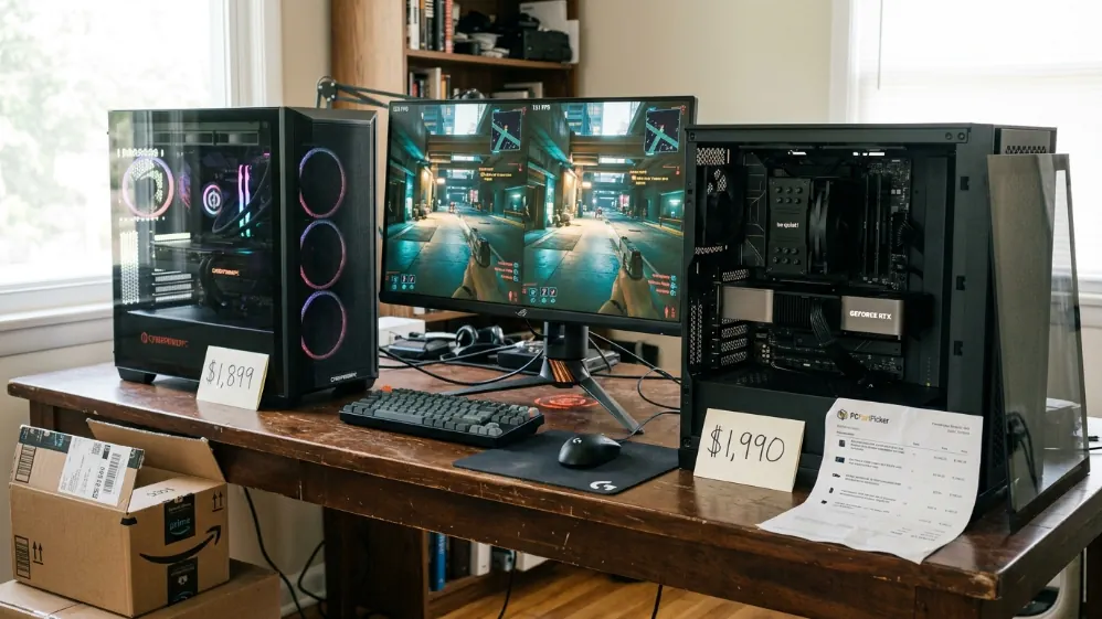 CyberPowerPC Gamer Supreme prebuilt at $1899 and custom RTX 5070 build at $1990 side by side running same game at identical 124 and 121 FPS showing narrowed price and performance gap in 2026