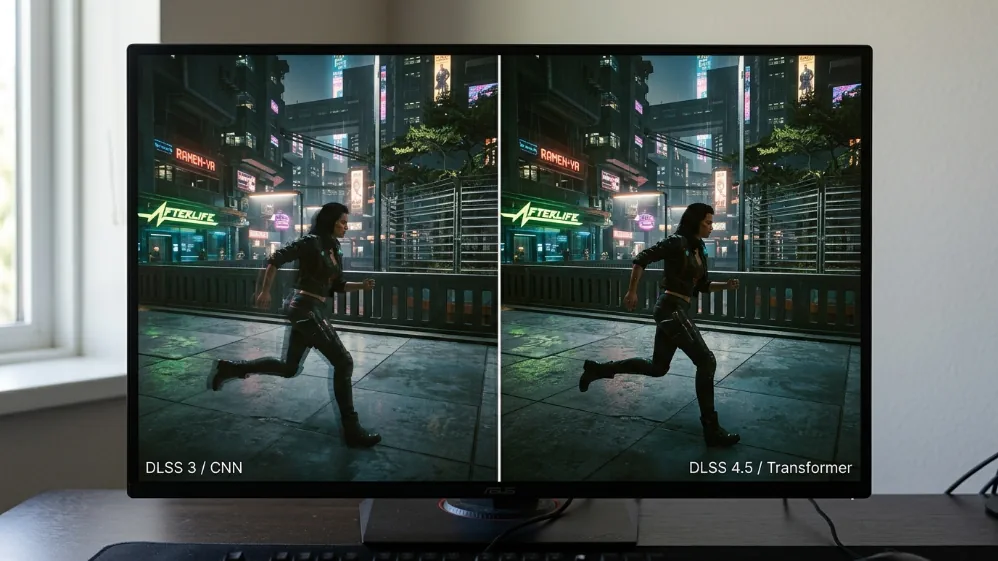 Gaming monitor showing side-by-side comparison of DLSS 3 CNN model with ghosting versus DLSS 4.5 Transformer model with cleaner edges and no ghosting
