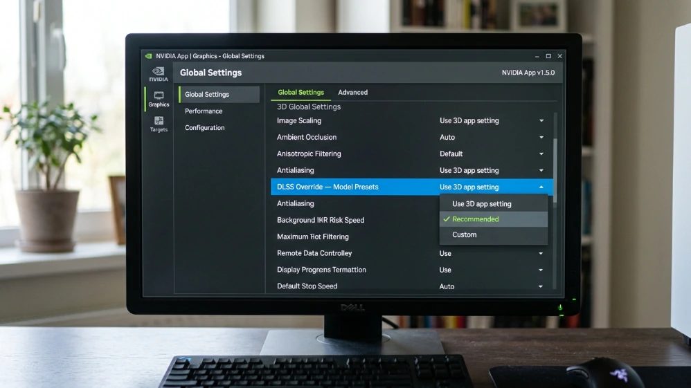 NVIDIA App interface showing Graphics tab Global Settings with DLSS Override Model Presets dropdown set to Recommended option