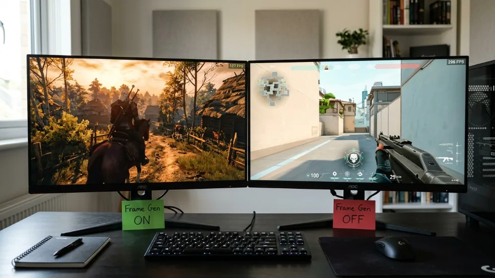 Dual gaming monitor setup showing Frame Generation enabled for single-player AAA game at 127 FPS versus disabled for competitive FPS at 298 FPS