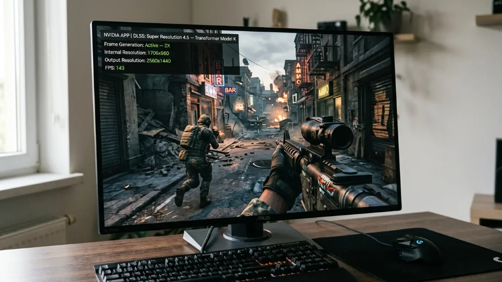 Gaming monitor showing NVIDIA App DLSS statistics overlay displaying Super Resolution 4.5 Transformer Model active with Frame Generation 2X and 143 FPS output