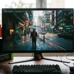 Gaming PC monitor showing DLSS 4.5 active with Frame Generation 2X at 144 FPS overlay, RTX GPU box on left and NVIDIA App settings on right