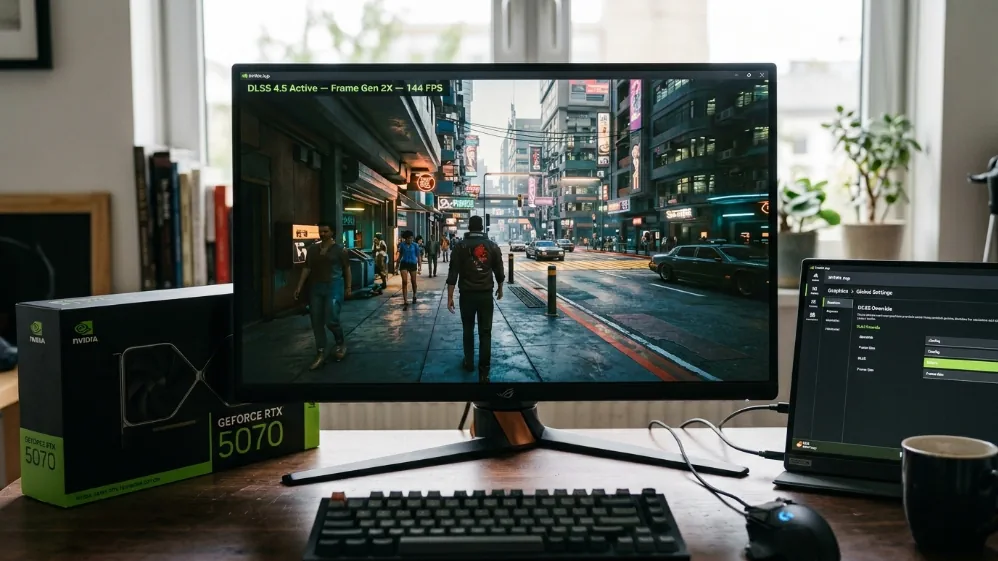 Gaming PC monitor showing DLSS 4.5 active with Frame Generation 2X at 144 FPS overlay, RTX GPU box on left and NVIDIA App settings on right