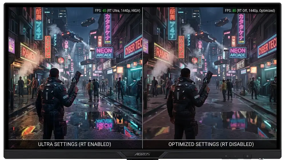 Side-by-side comparison of ultra graphics settings versus optimized settings in PC game showing FPS difference