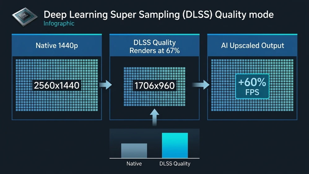 DLSS quality mode rendering process diagram showing internal resolution and performance gains