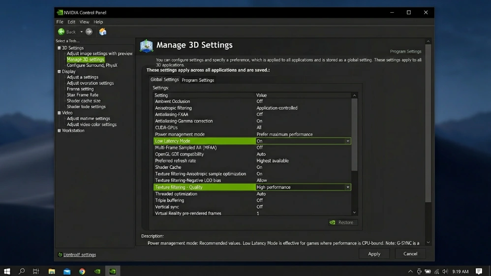 NVIDIA Control Panel manage 3D settings showing recommended power management and low latency configurations