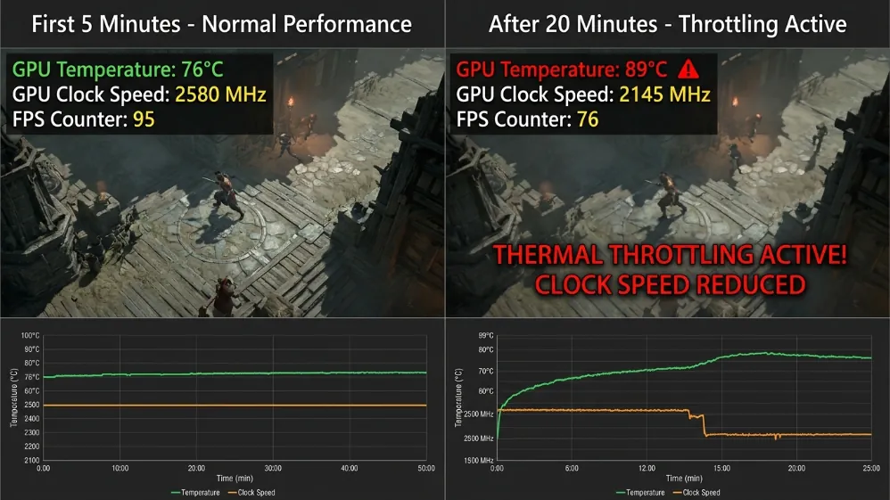 MSI Afterburner monitoring comparison showing GPU performance degradation from thermal throttling over time