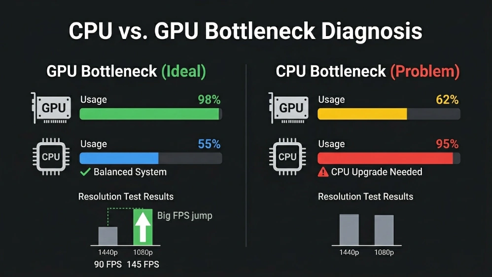 CPU versus GPU bottleneck diagnosis chart showing usage patterns and resolution testing method