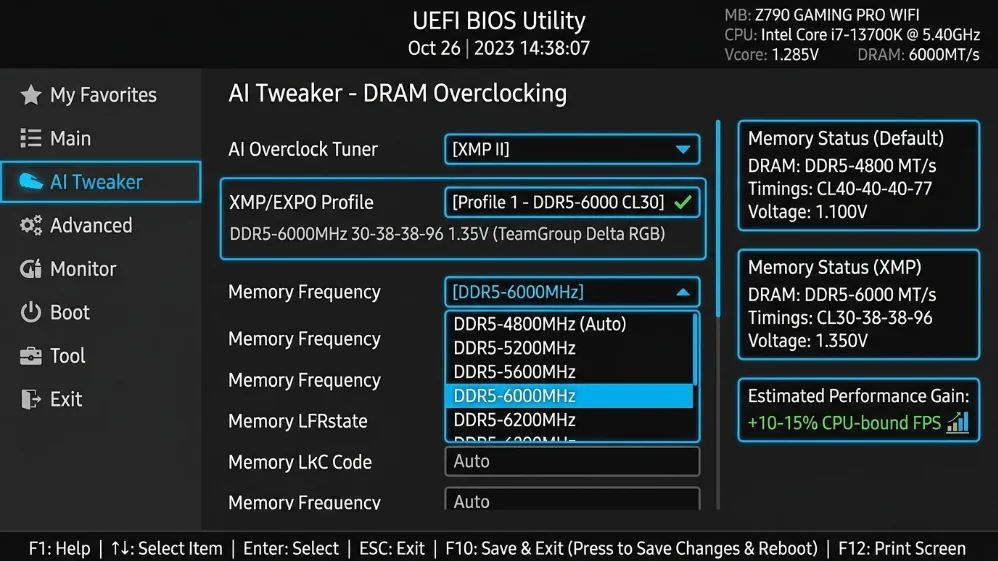 BIOS interface showing XMP/EXPO memory profile activation for DDR5-6000 RAM configuration