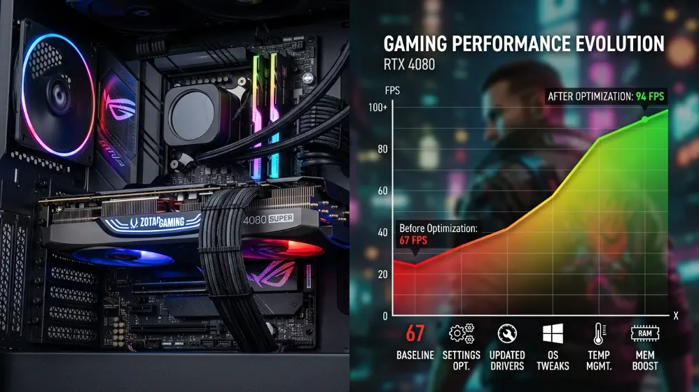 Gaming GPU hardware with performance optimization graph showing FPS improvement from 67 to 94 through systematic tweaking