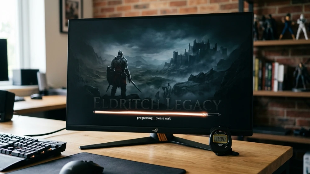 Gaming monitor displaying AAA game loading screen with digital timer showing 4.2 seconds load time during PCIe SSD benchmark test