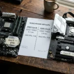 Two motherboards side by side showing PCIe 4.0 SSD at $90 and PCIe 5.0 SSD at $160 with benchmark sheet showing identical FPS but different load times