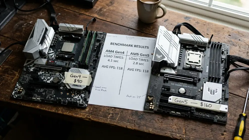 Two motherboards side by side showing PCIe 4.0 SSD at $90 and PCIe 5.0 SSD at $160 with benchmark sheet showing identical FPS but different load times