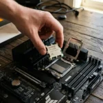 Hand carefully placing AMD Ryzen 7 9800X3D processor into open AM5 socket on B650 motherboard during PC build with retail box visible