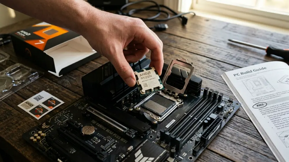 Hand carefully placing AMD Ryzen 7 9800X3D processor into open AM5 socket on B650 motherboard during PC build with retail box visible