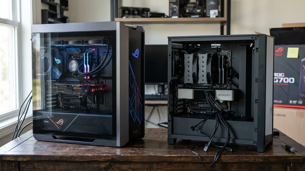 ASUS ROG G700 prebuilt gaming PC next to open custom RTX 5070 build on desk showing prebuilt vs DIY comparison