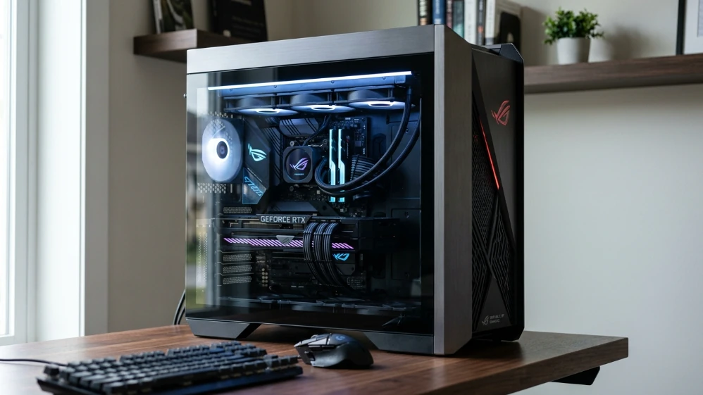 ASUS ROG G700 gaming desktop tower with tempered glass side panel showing RTX 5070 GPU and interior components