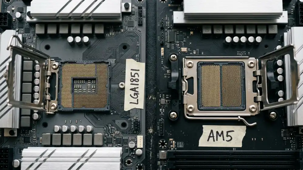 Intel LGA1851 and AMD AM5 CPU sockets side by side on motherboards showing platform comparison for gaming PC builds