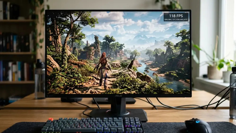 27-inch gaming monitor displaying AAA game at 1440p with in-game FPS counter showing 118 frames per second
