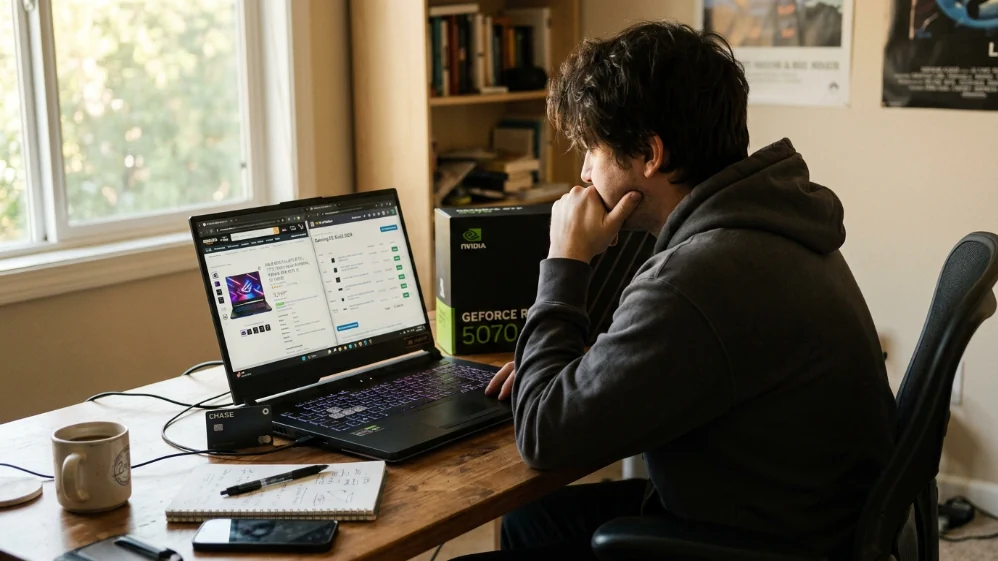 Person sitting at desk comparing ASUS ROG G700 prebuilt page and PCPartPicker RTX 5070 custom build list on laptop with credit card and GPU box nearby