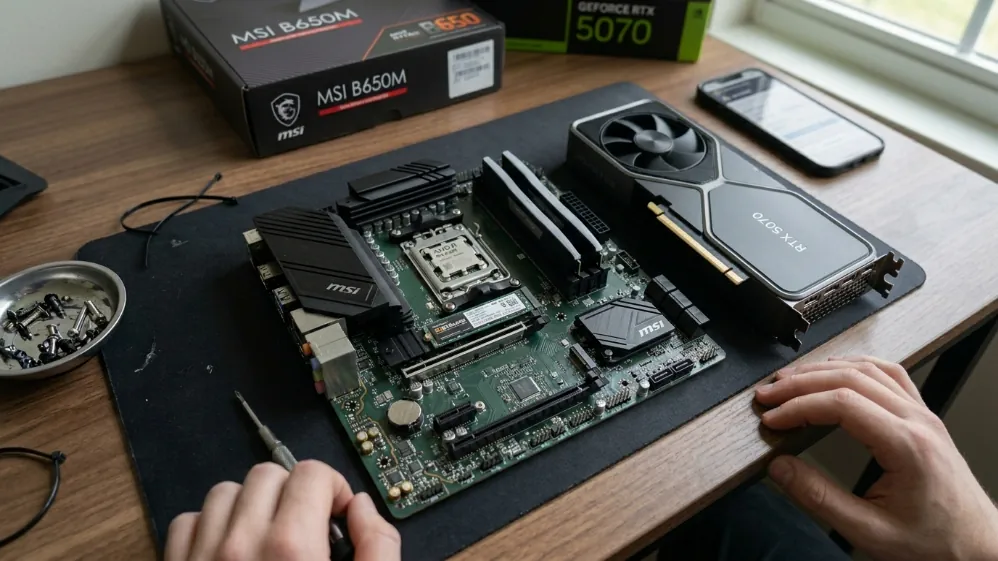 First-person view of RTX 5070 gaming PC build in progress showing Ryzen 5 9600X installed on AM5 motherboard with GPU ready to instal