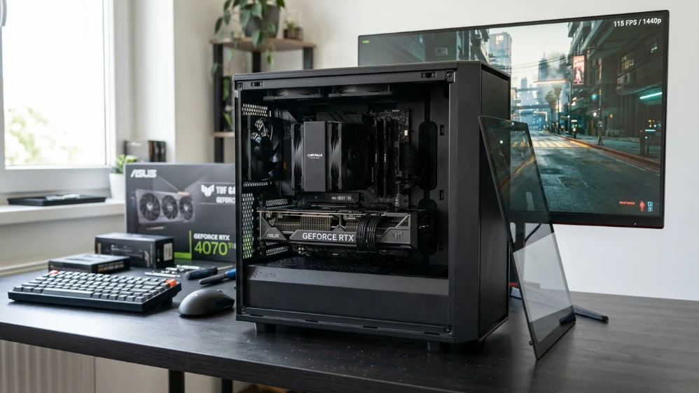 Open gaming PC case showing RTX 5070 GPU installed with 27-inch 1440p monitor displaying AAA game at 115 FPS on desk