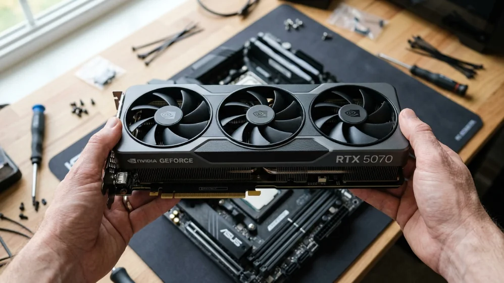 Hands holding NVIDIA GeForce RTX 5070 graphics card over PC building workspace showing triple-fan cooling shroud