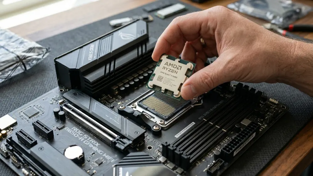 AMD Ryzen 5 9600X CPU being installed into AM5 socket on B650 motherboard during PC build