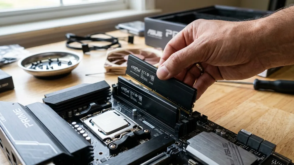 Two DDR5 RAM sticks being installed into motherboard DIMM slots during gaming PC build