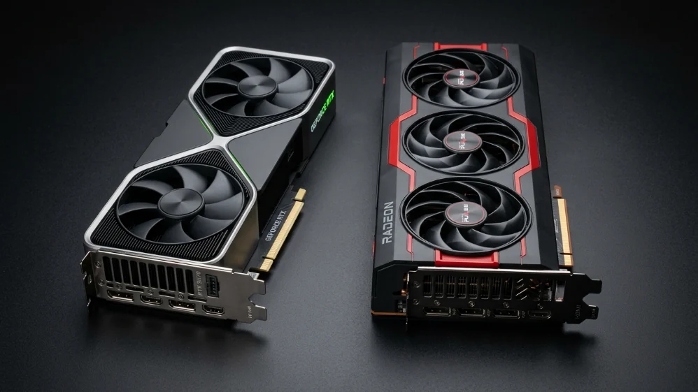 NVIDIA GeForce RTX 5070 and AMD Radeon RX 9070 XT graphics cards side by side on dark surface for 1440p gaming comparison