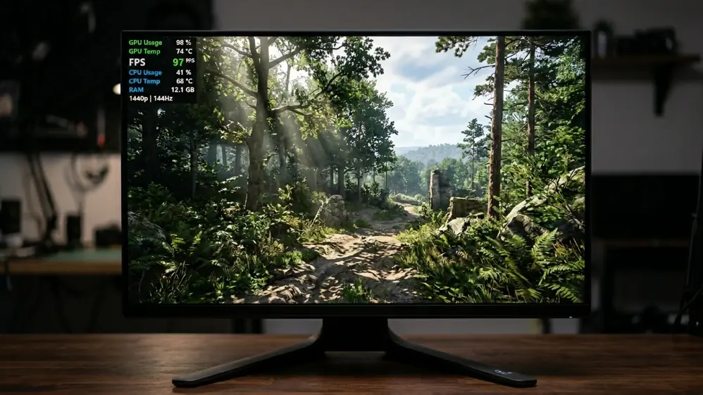 Gaming monitor displaying AAA open-world game at 1440p with MSI Afterburner GPU performance overlay showing 97 FPS